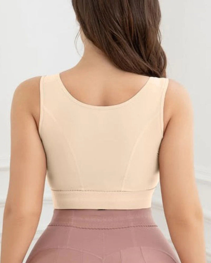 Women Front Closure Wirefree Padded Support Workout Crop Beige Sports Bra - By Qivii