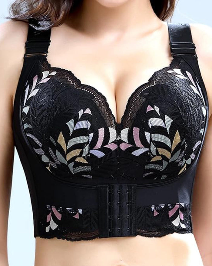 Women Side Support Longline Corset Wire-free Push Up Bra Adjustable Wide Straps  - By Qivii