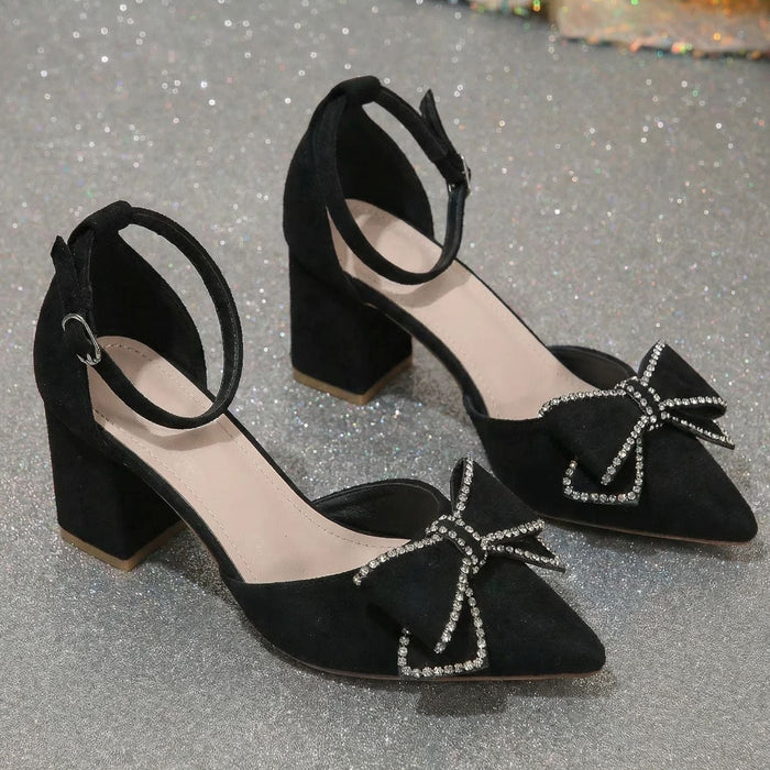 Women’s Bowelle Crystal Pointed Toe Buckle Heels – Hollow Closed Toe Bow High Heels (US 5–10.5)
