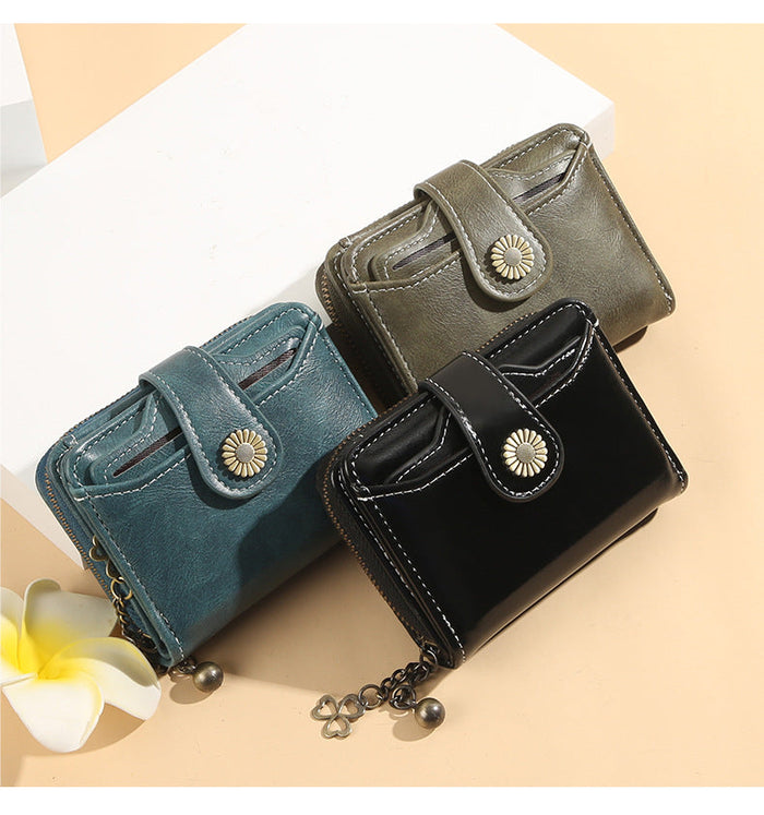 Women's Compact Waxed Leather Wallet – Zip Closure Organizer (Coin Purse, ID Slot & Card Holder)