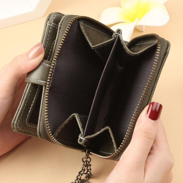 Women's Compact Waxed Leather Wallet – Zip Closure Organizer (Coin Purse, ID Slot & Card Holder)