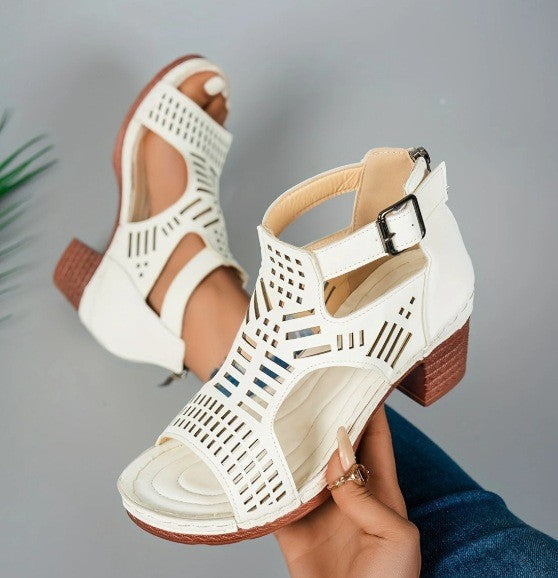 Women’s Cove Buckle Peep-Toe Heels – Cutout Chunky High Heel Sandals (US 5–10.5)