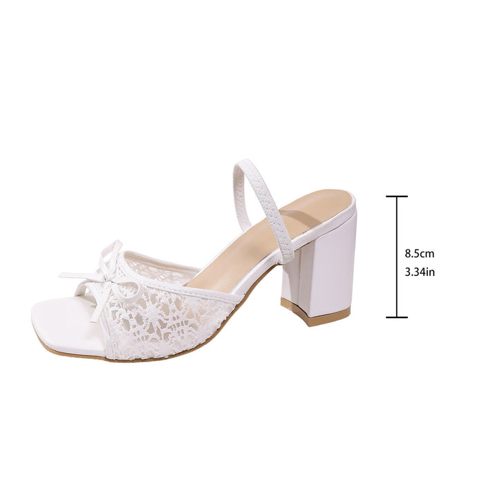 Women’s Elarise Lace Bow Block Heel Square Toe Sandals – Chunky Heel Dress Slides (US 4–10.5)