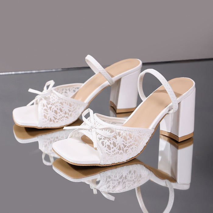 Women’s Elarise Lace Bow Block Heel Square Toe Sandals – Chunky Heel Dress Slides (US 4–10.5)