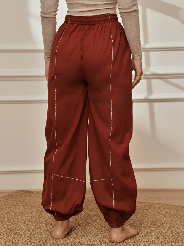 Women's Maroon Cambric Embroidered Joggers Yoga Pants