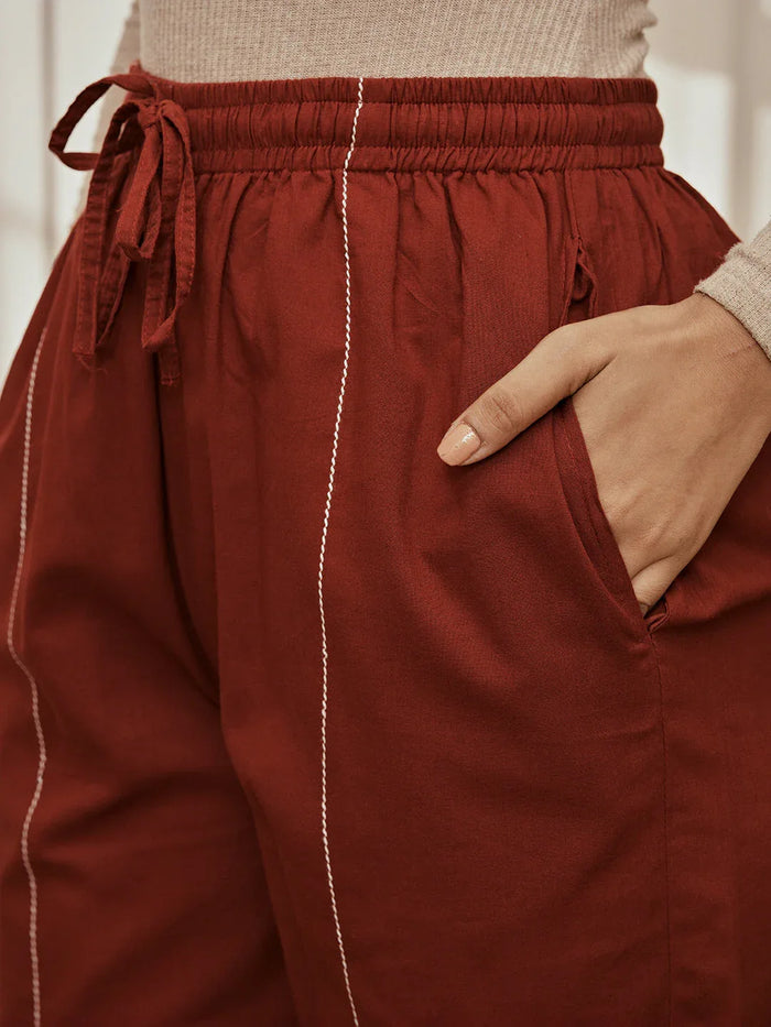 Women's Maroon Cambric Embroidered Joggers Yoga Pants