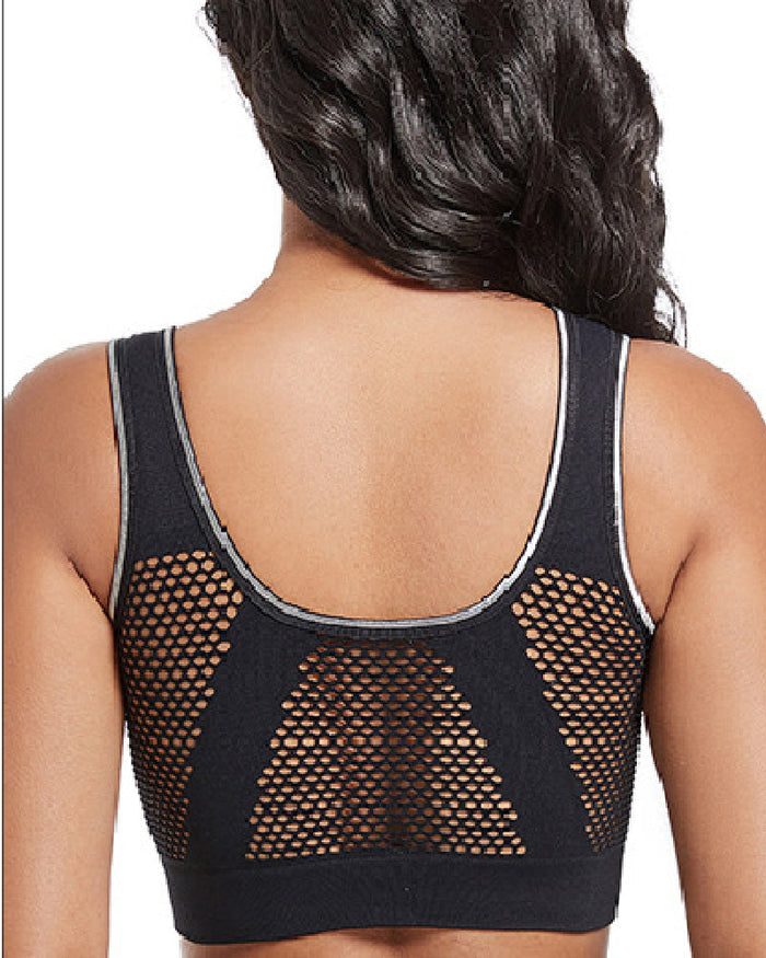 Women's Plus Size Front Buckle Solid Hollow Breathable Wireless Sports Bra  - By Qivii