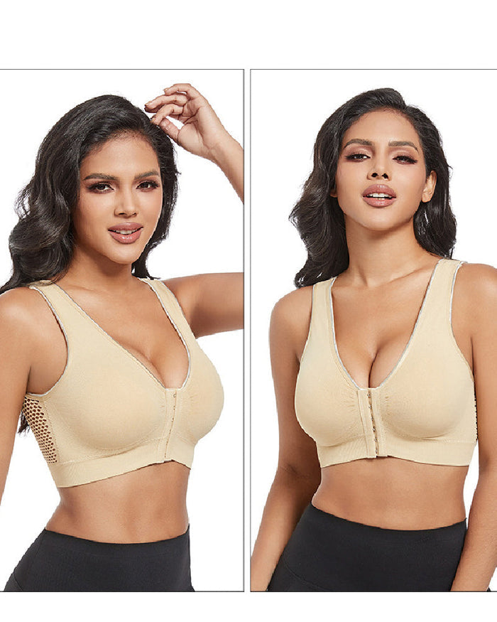 Women's Plus Size Front Buckle Solid Hollow Breathable Wireless Sports Bra  - By Qivii