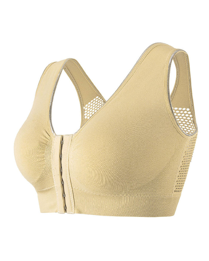 Women's Plus Size Front Buckle Solid Hollow Breathable Wireless Sports Bra  - By Qivii