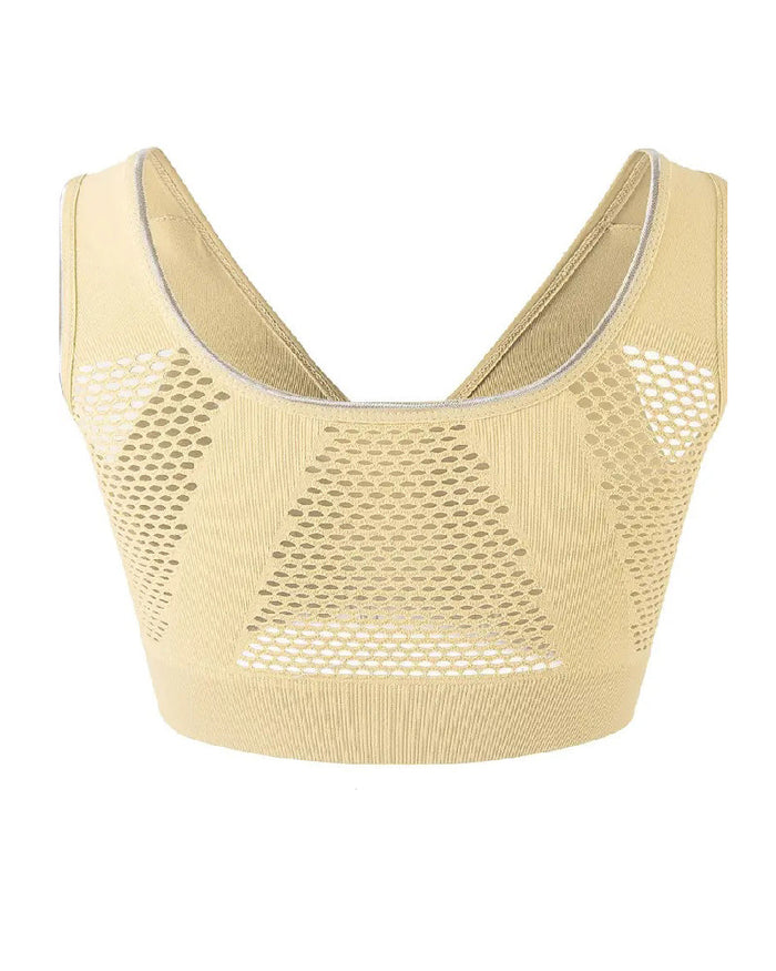 Women's Plus Size Front Buckle Solid Hollow Breathable Wireless Sports Bra  - By Qivii