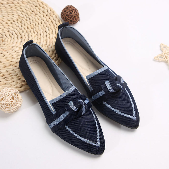 Women's Plus Size Knit Flat Loafers - Slip-On Bowknot Shallow Cut Lazy Work Shoes