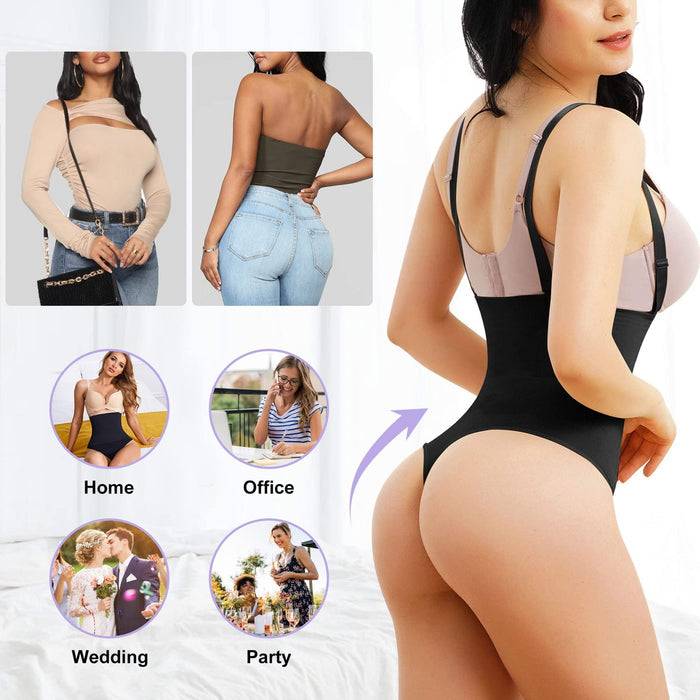 Women's Seamless Invisible Tummy Control Body Shaper Thong Corset Open Bust Shapewear  - By Qivii