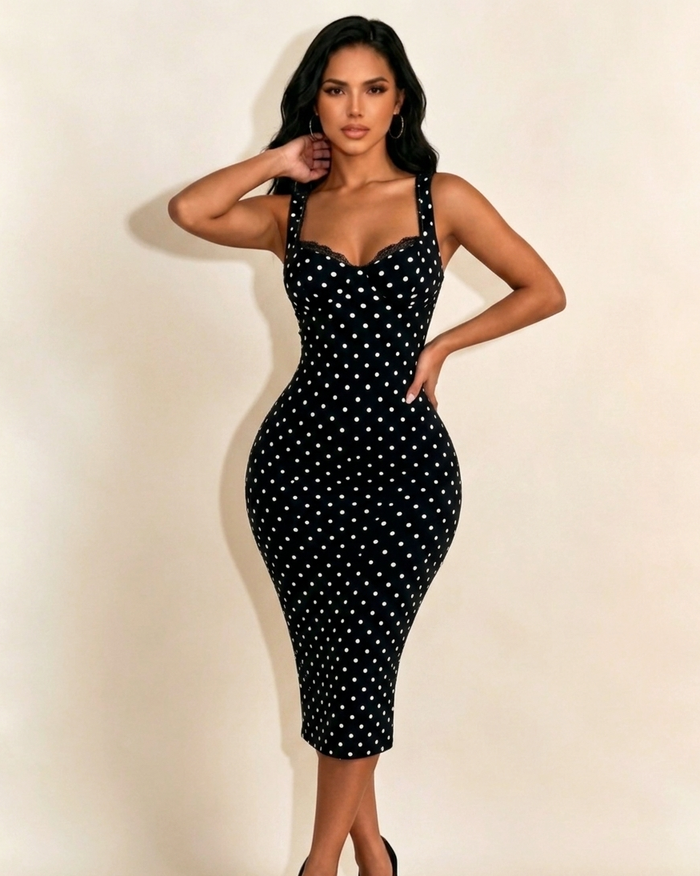 Women's Sexy Slim-Fit Stretchy Classic Polka Dot Hourglass Maxi Dress (Upgraded fabric)  - By Qivii