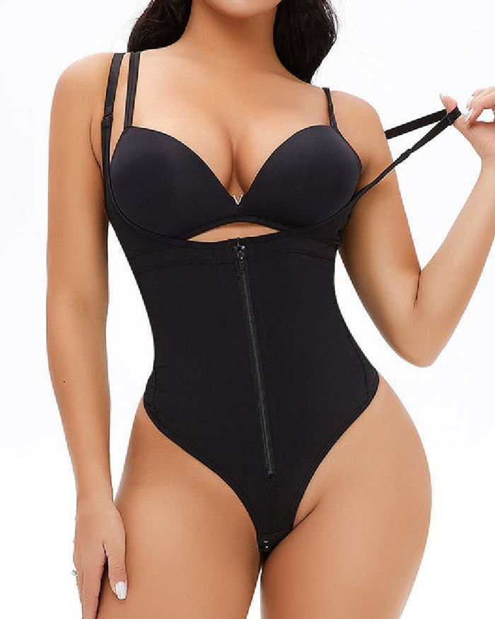 Women's Sexy Tummy Control Open Bust Body Shaper Zipper Plus Size Thong Shapewear  - By Qivii