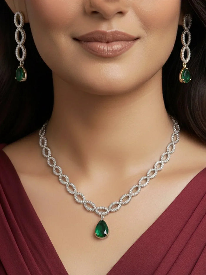 Women's Silver & Green Rhodium Plated Necklace