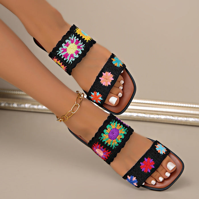 Women’s SunBloom Knit Flat Slides – Square-Toe Boho Embroidered Sandals (US 5–10)
