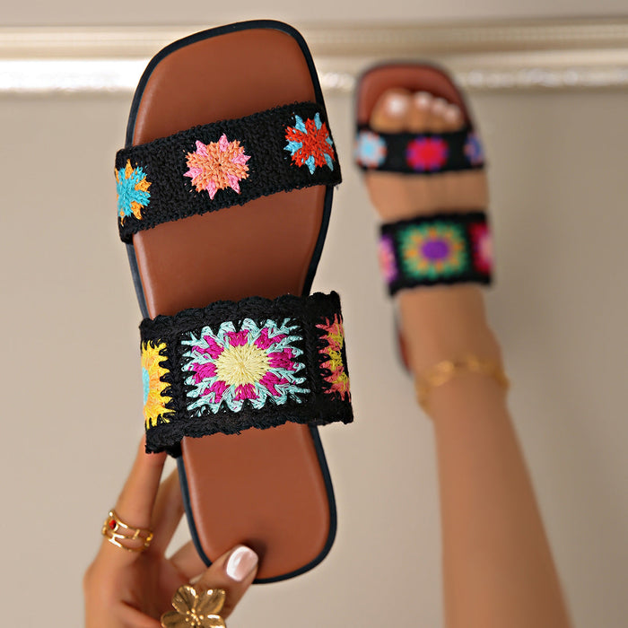 Women’s SunBloom Knit Flat Slides – Square-Toe Boho Embroidered Sandals (US 5–10)