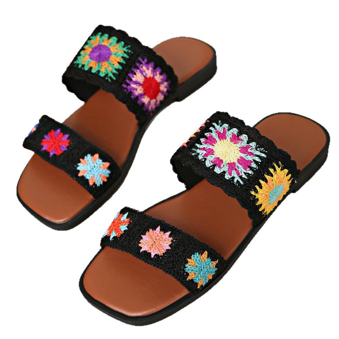 Women’s SunBloom Knit Flat Slides – Square-Toe Boho Embroidered Sandals (US 5–10)