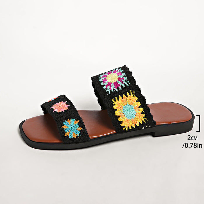 Women’s SunBloom Knit Flat Slides – Square-Toe Boho Embroidered Sandals (US 5–10)