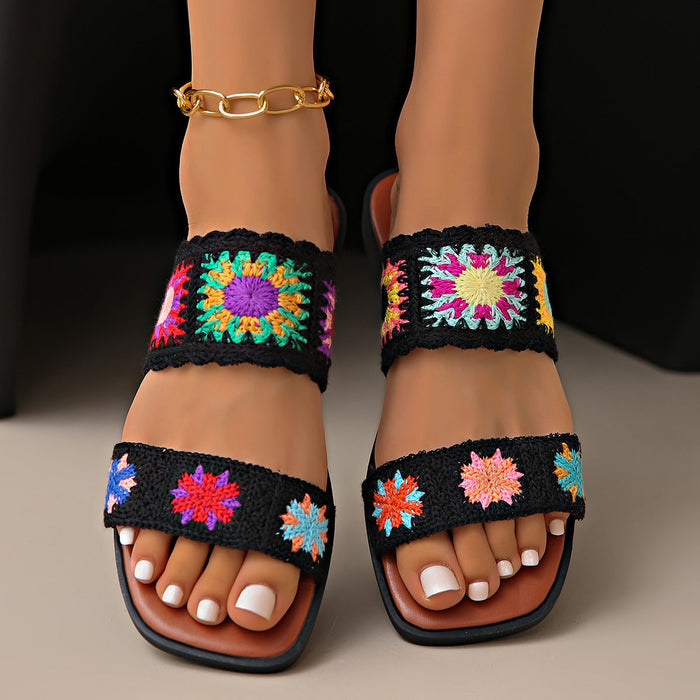 Women’s SunBloom Knit Flat Slides – Square-Toe Boho Embroidered Sandals (US 5–10)