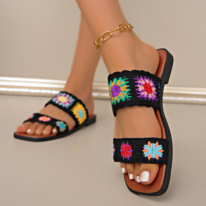 Women’s SunBloom Knit Flat Slides – Square-Toe Boho Embroidered Sandals (US 5–10)