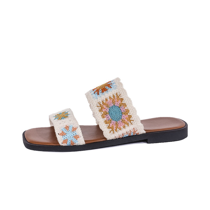 Women’s SunBloom Knit Flat Slides – Square-Toe Boho Embroidered Sandals (US 5–10)