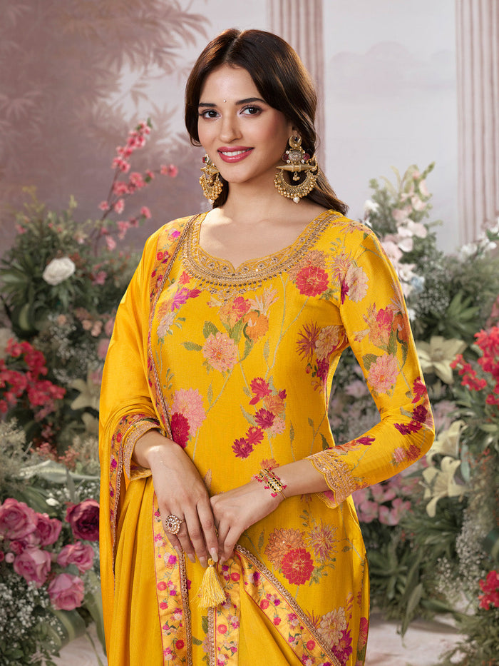 Yellow Chinon Sharara Suit Set with Floral Print and Embroidery Work
