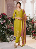 Yellow Dola Silk Kurta Set with Jacquard Detailing and Intricate Embroidery, Paired with a Cherry Contrast Silk Dupatta