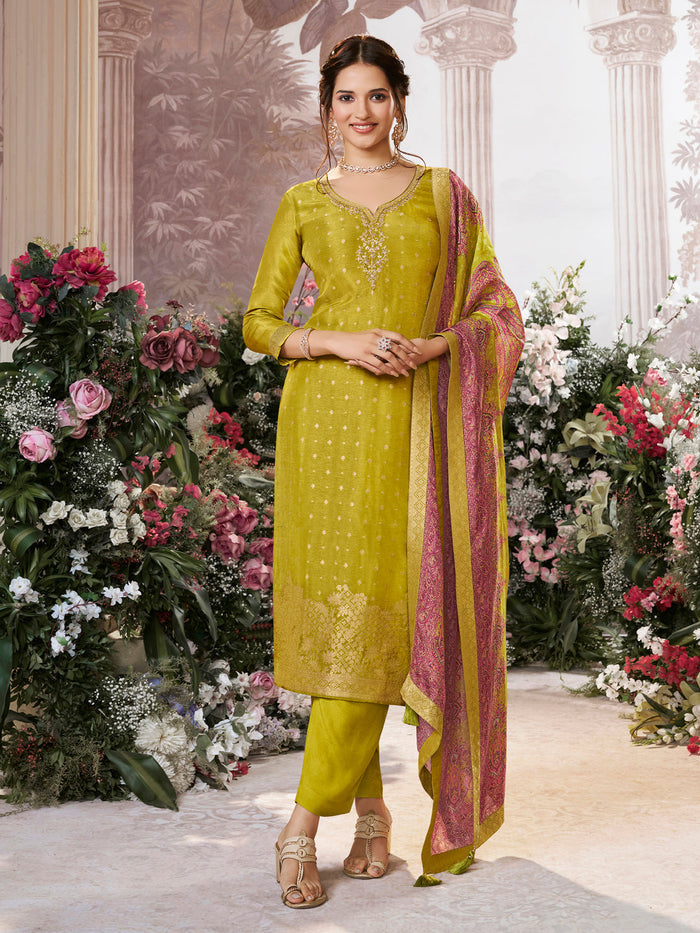 Yellow Dola Silk Kurta Set with Jacquard Detailing and Intricate Embroidery, Paired with a Cherry Contrast Silk Dupatta