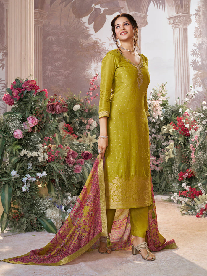 Yellow Dola Silk Kurta Set with Jacquard Detailing and Intricate Embroidery, Paired with a Cherry Contrast Silk Dupatta