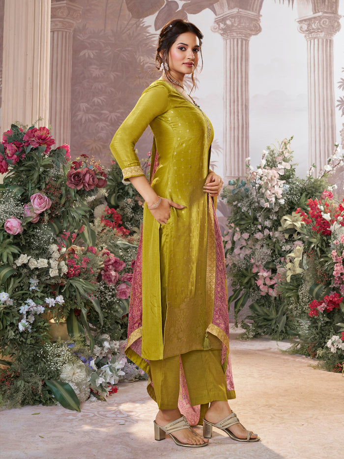 Yellow Dola Silk Kurta Set with Jacquard Detailing and Intricate Embroidery, Paired with a Cherry Contrast Silk Dupatta