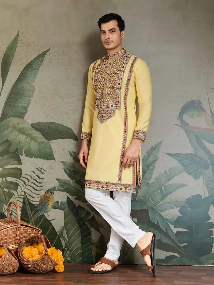 Yellow Festive Wear Kurta Set With Multi Thread Sequins Embroidery Work