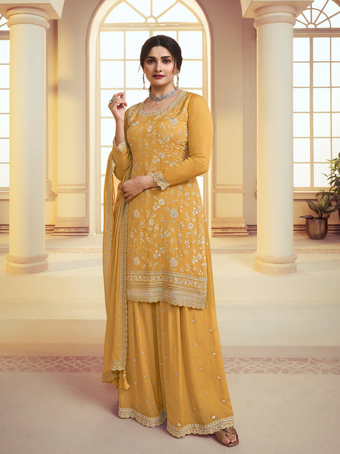 Yellow Floral Pattern, Thread and Sequins Embroidered Sharara Suit Set