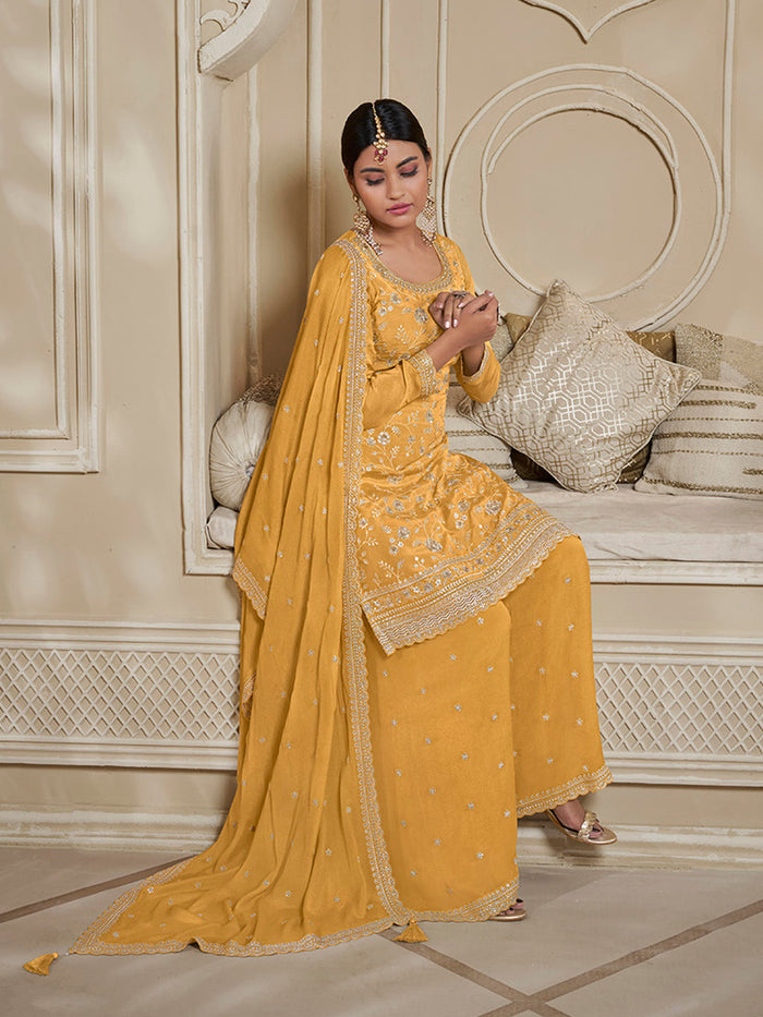 Yellow Floral Pattern, Thread and Sequins Embroidered Sharara Suit Set