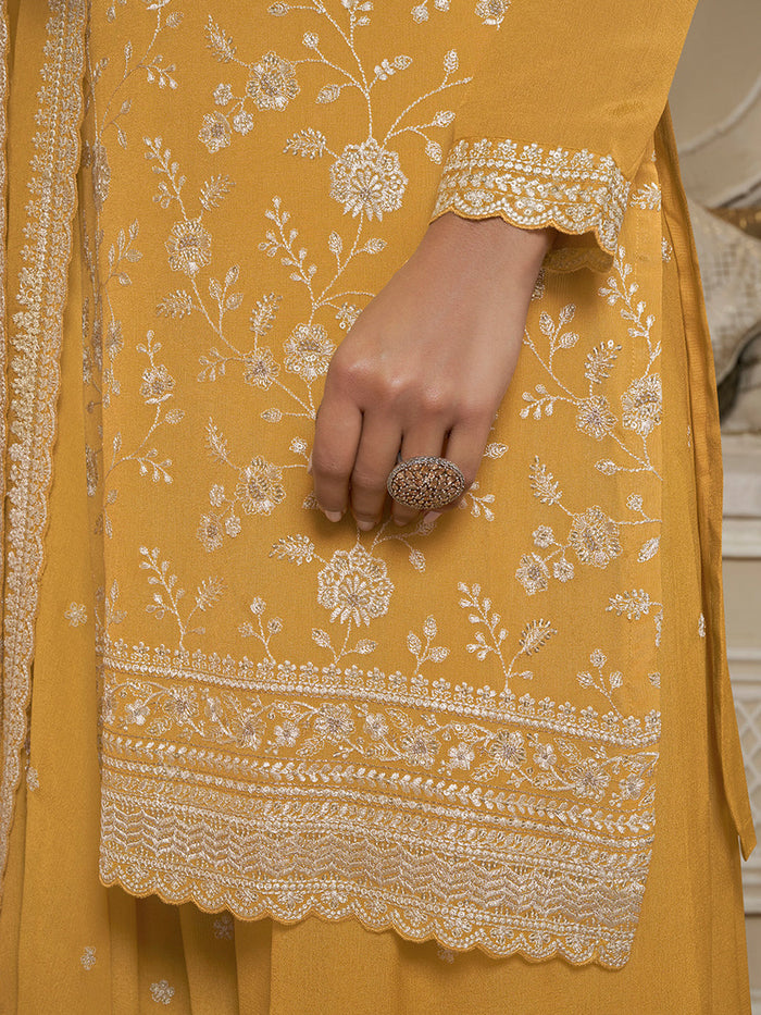 Yellow Floral Pattern, Thread and Sequins Embroidered Sharara Suit Set
