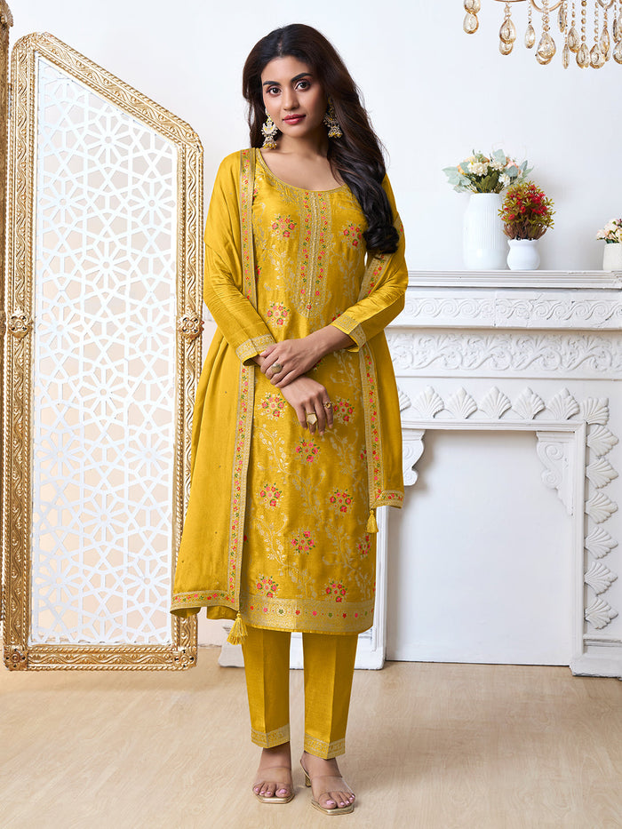 Yellow Meena Jacquard Kurta With Dupatta