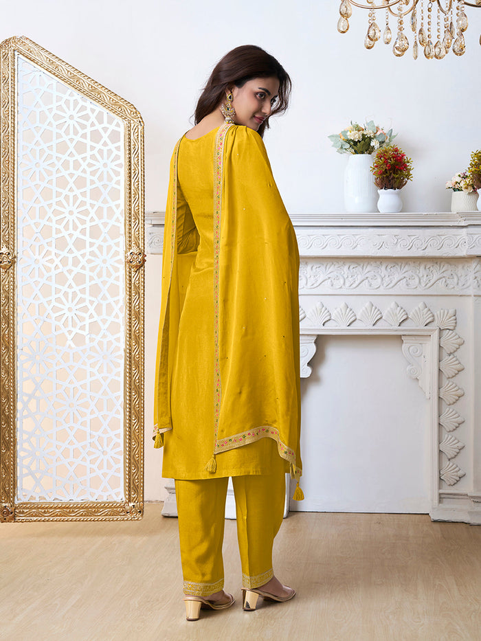 Yellow Meena Jacquard Kurta With Dupatta