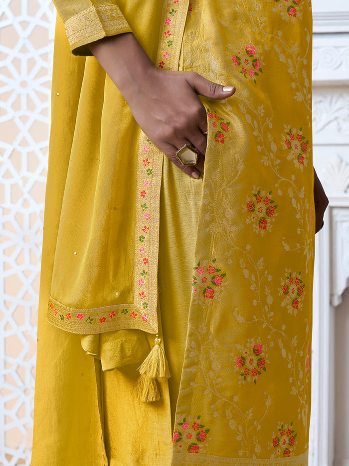 Yellow Meena Jacquard Kurta With Dupatta