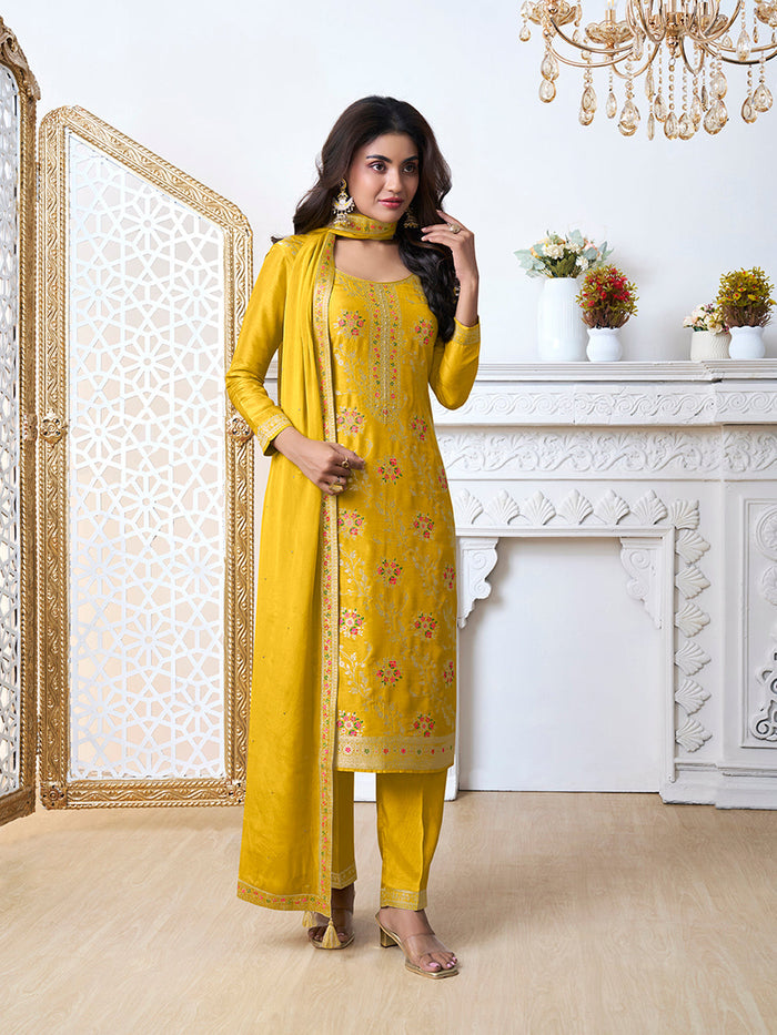 Yellow Meena Jacquard Kurta With Dupatta