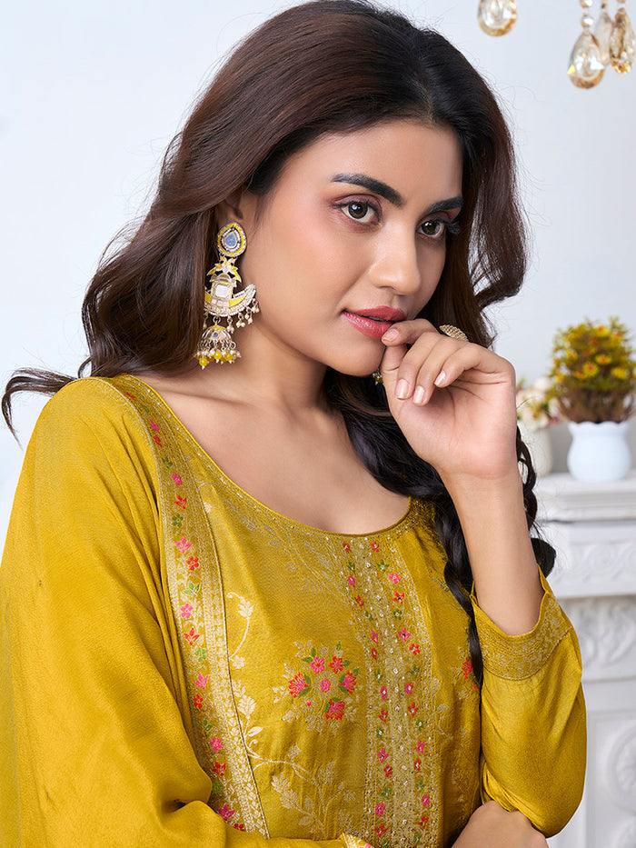 Yellow Meena Jacquard Kurta With Dupatta