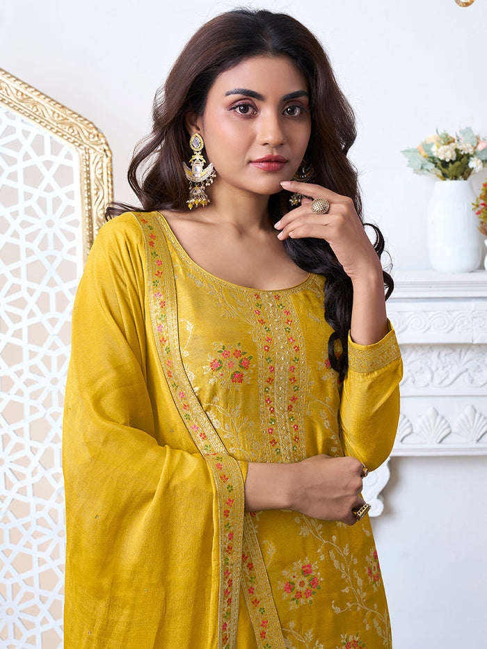 Yellow Meena Jacquard Kurta With Dupatta