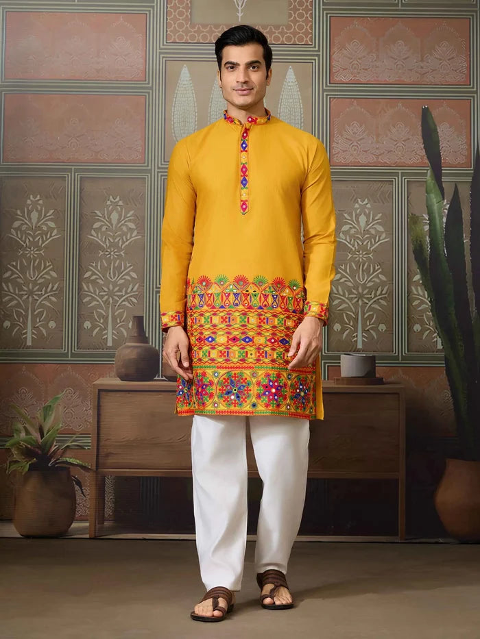 Yellow Multi Thread And Real Mirror Work Kurta Set For Navratri