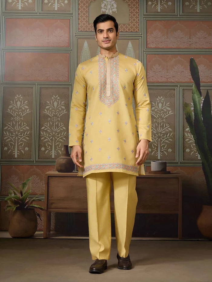 Yellow Multi Thread Sequins Embroidery Work Wedding Wear Kurta And Jacket