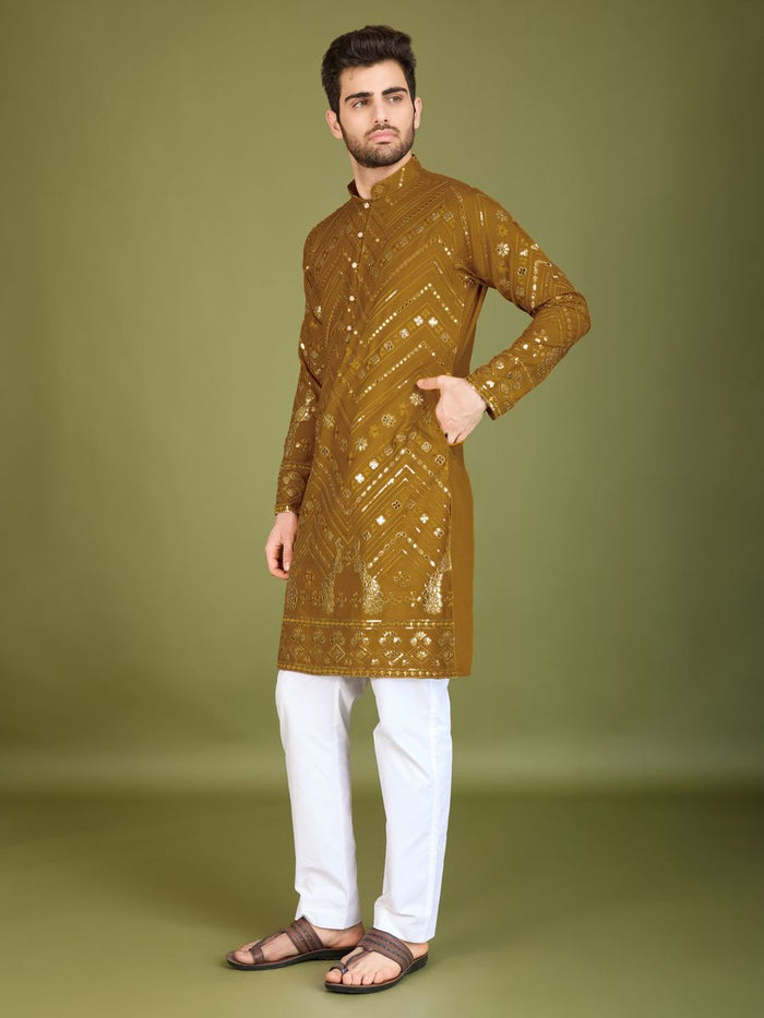 YELLOW PURE VISCOSE RAYON THREAD & SEQUENCE EMBROIDERED WORK KURTA - qivii