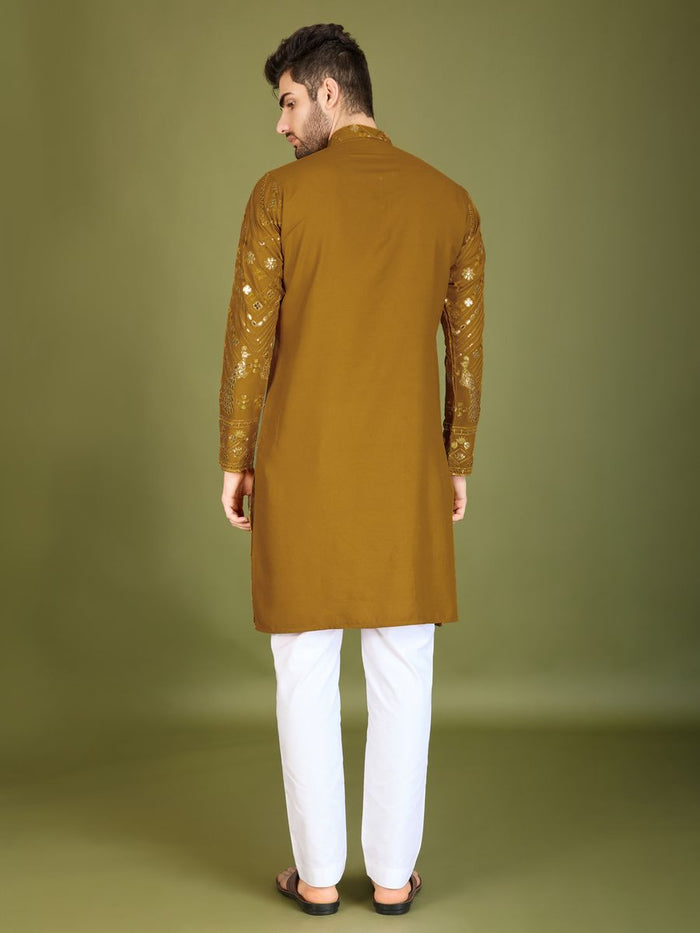 YELLOW PURE VISCOSE RAYON THREAD & SEQUENCE EMBROIDERED WORK KURTA - qivii