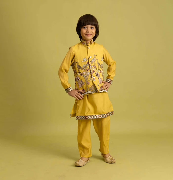 Yellow Thread Sequins Embroidery Work Kurta Set With Koti