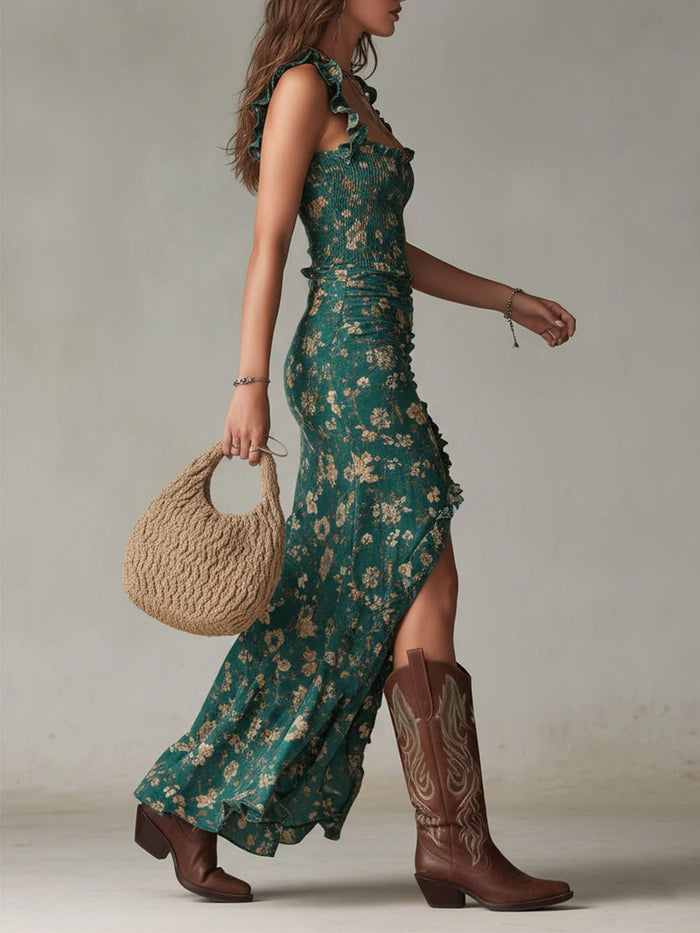 Zara | Bohemian Floral Ruched Maxi Dress with Side Slit by Qivii