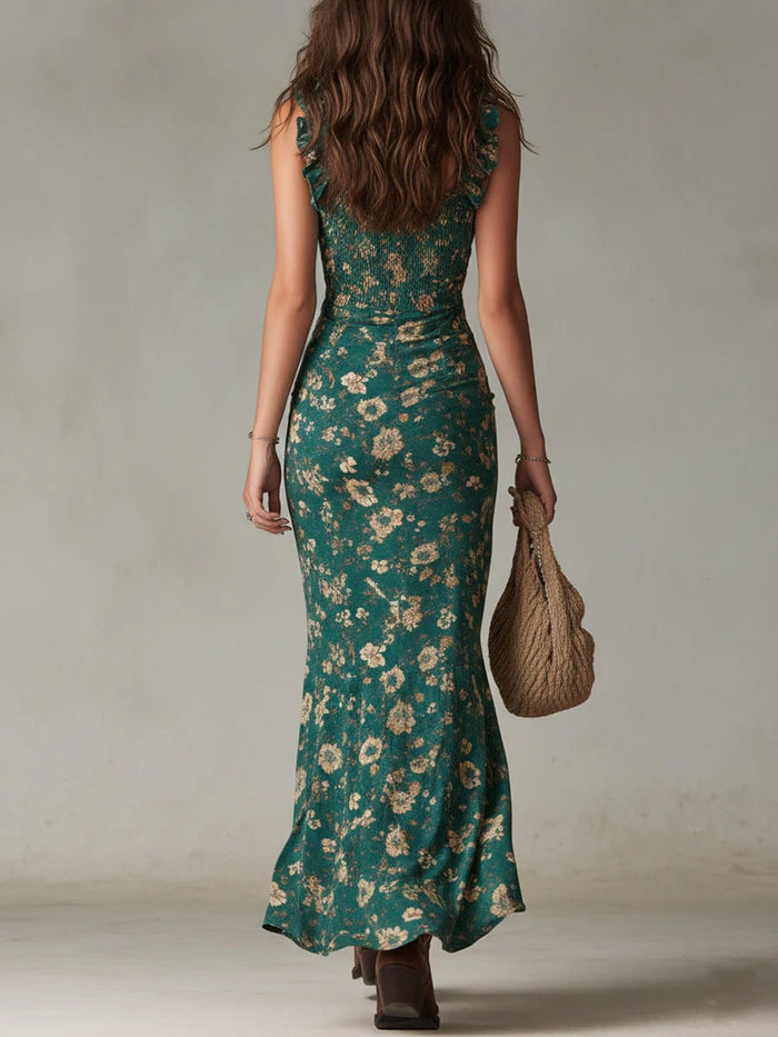 Zara | Bohemian Floral Ruched Maxi Dress with Side Slit by Qivii