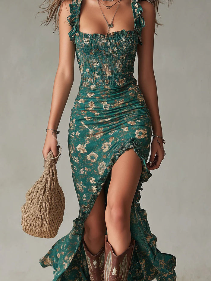 Zara | Bohemian Floral Ruched Maxi Dress with Side Slit by Qivii